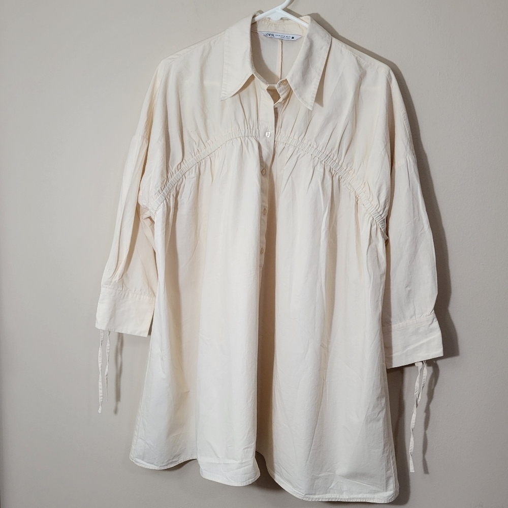 Zara Women's Shirt Dress Partial Button Down Front Gathering Detail Size XS